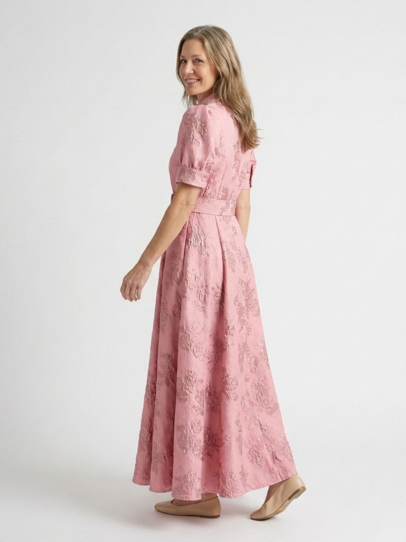 Xanthea | Floral Textured Maxi Shirt Dress with Belted Elegance