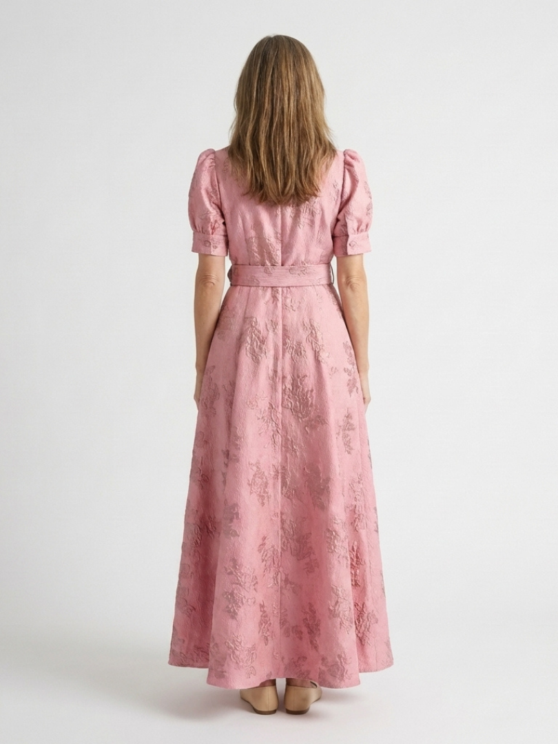 Xanthea | Floral Textured Maxi Shirt Dress with Belted Elegance