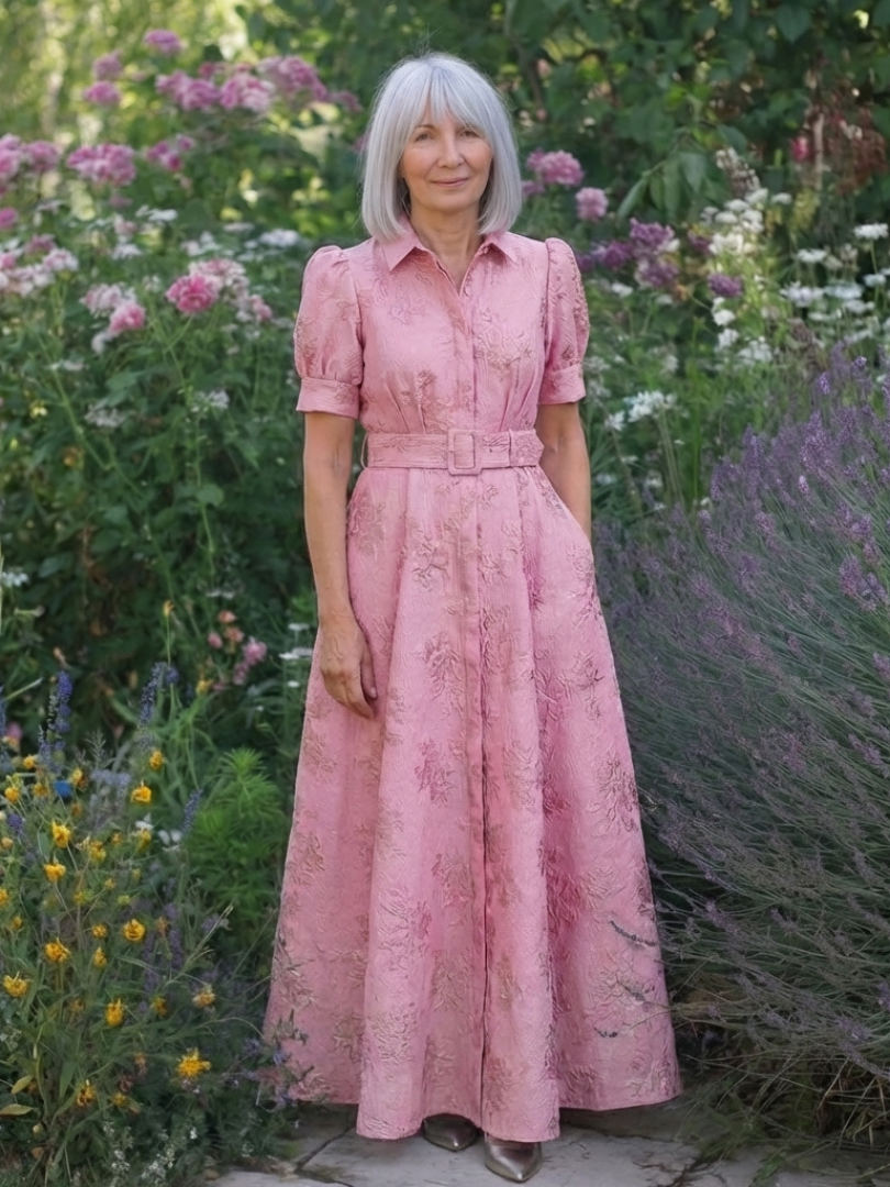 Xanthea | Floral Textured Maxi Shirt Dress with Belted Elegance