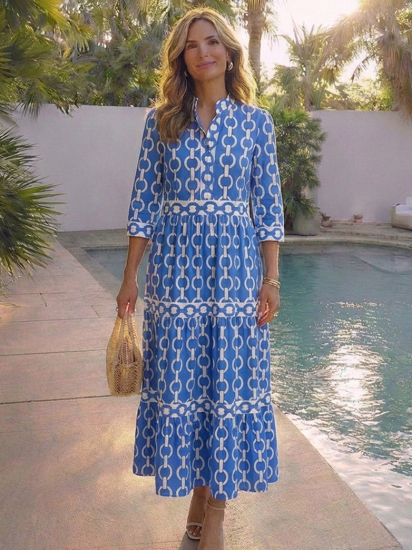 Ysolde | Elegant Chain Pattern Midi Dress with Three-Quarter Sleeves