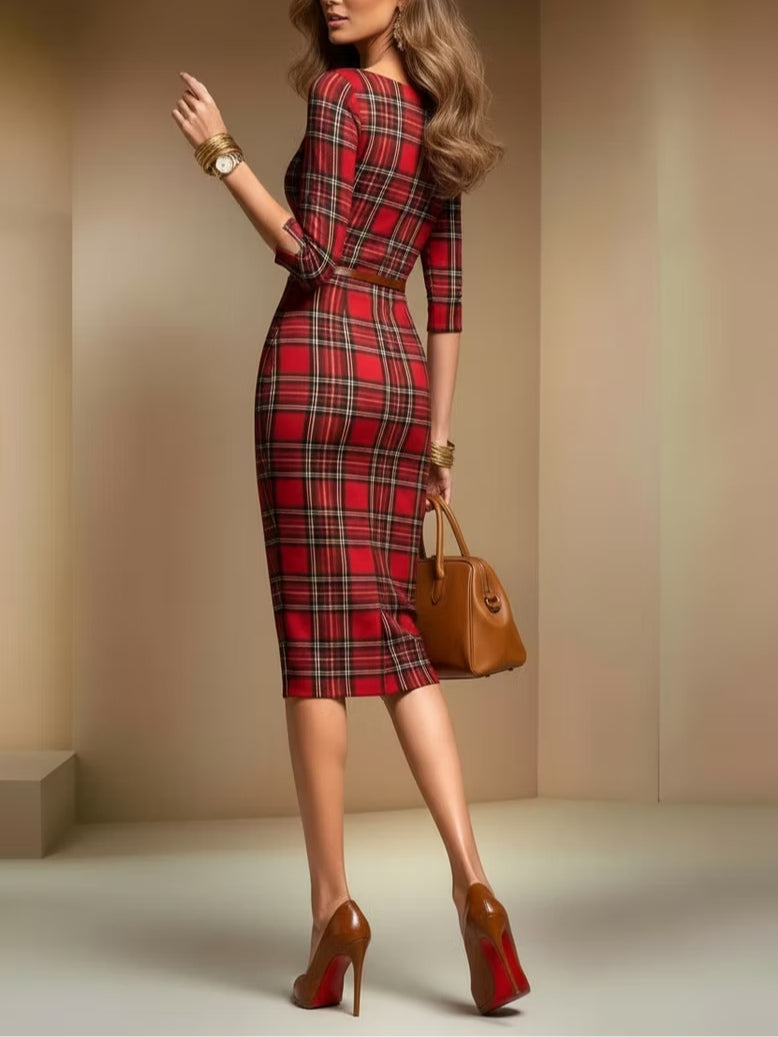 Red plaid three-quarter sleeve midi dress(Includes belt)