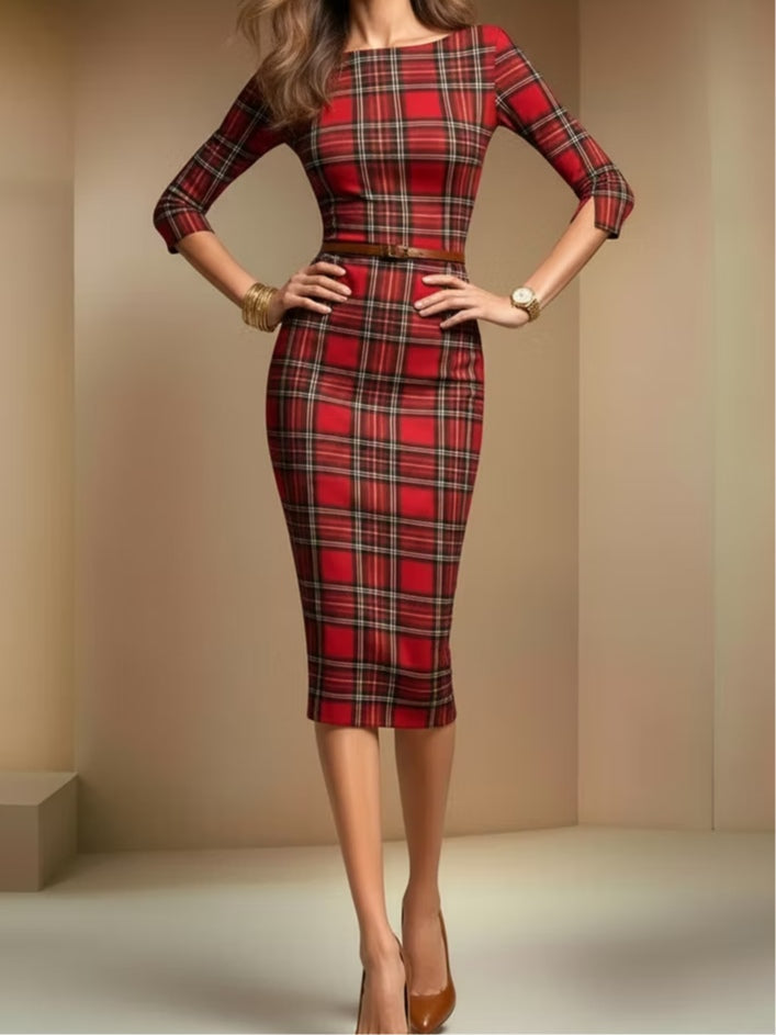 Red plaid three-quarter sleeve midi dress(Includes belt)
