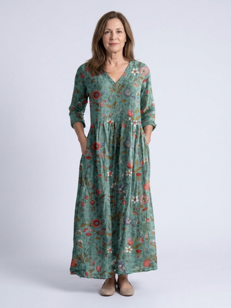 Marina Floral V-Neck Maxi Dress with Three-Quarter Sleeves