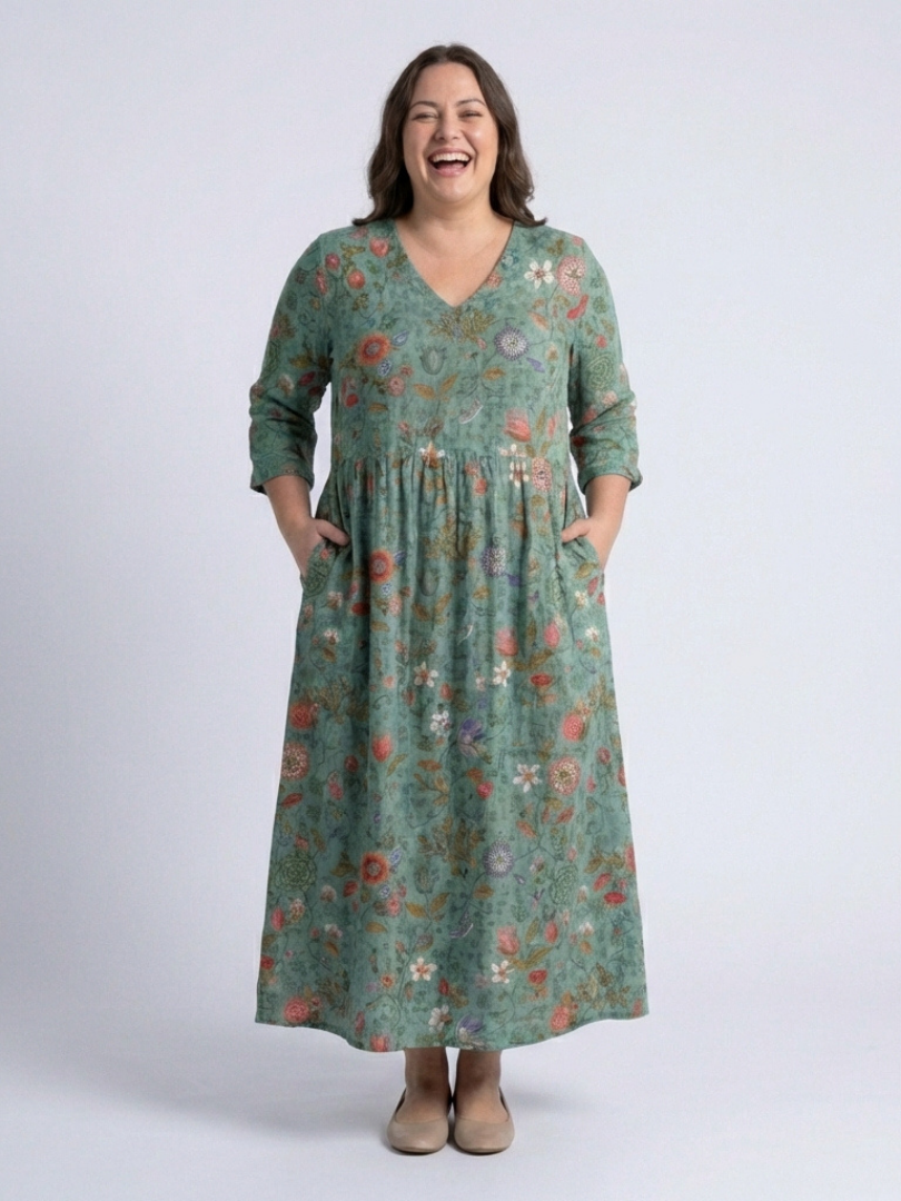 Marina Floral V-Neck Maxi Dress with Three-Quarter Sleeves