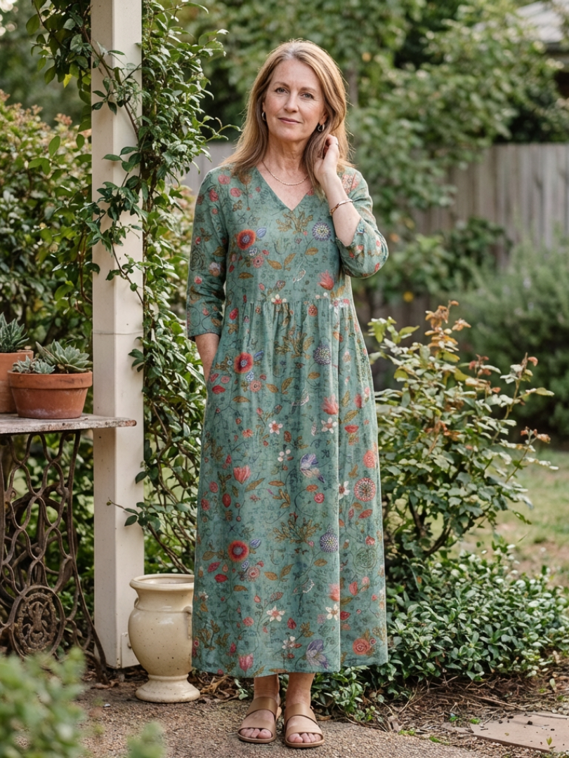 Marina Floral V-Neck Maxi Dress with Three-Quarter Sleeves