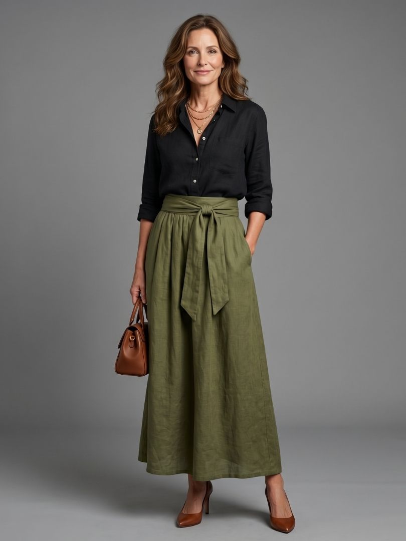 Vera | Elegant Black Blouse & Olive Green Midi Skirt Set