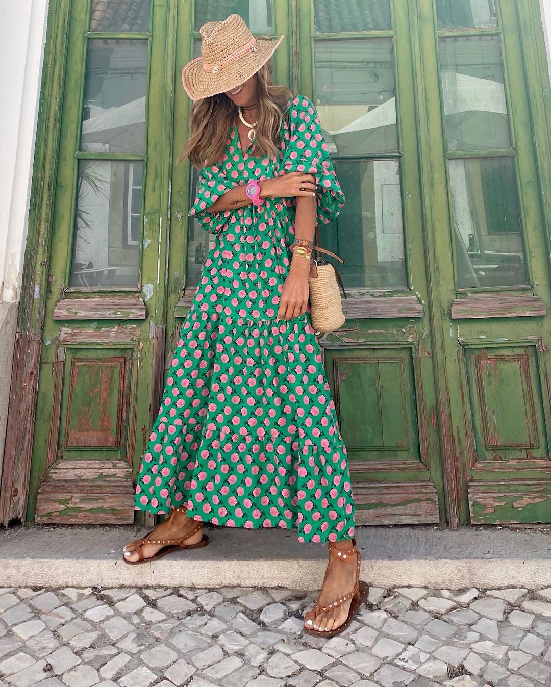 Mirelle | Three Quarter Sleeve V Neck Patterned Midi Dress