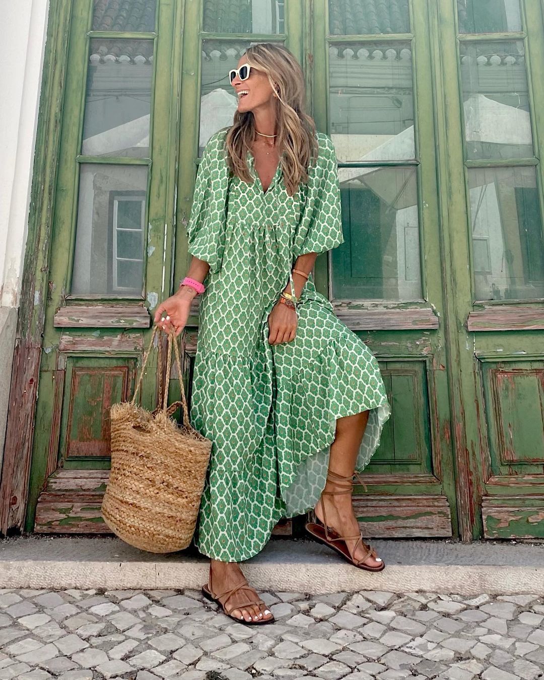 Mirelle | Three Quarter Sleeve V Neck Patterned Midi Dress