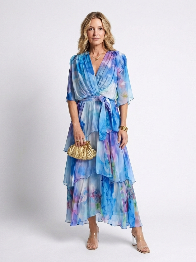 Calista | Sheer Layered V-Neck Maxi Dress with Tie Waist