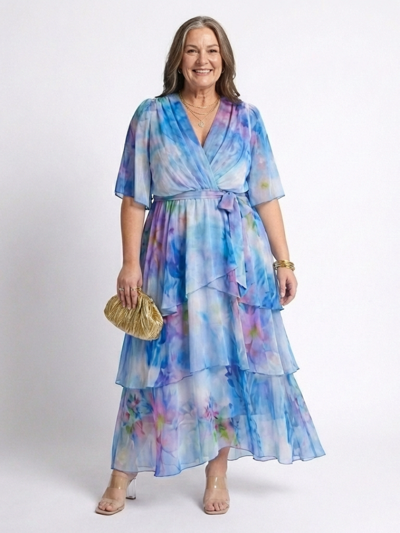 Calista | Sheer Layered V-Neck Maxi Dress with Tie Waist