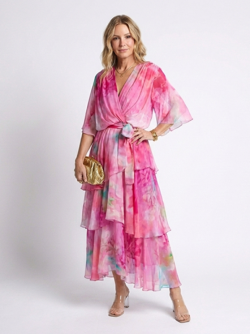 Calista | Sheer Layered V-Neck Maxi Dress with Tie Waist