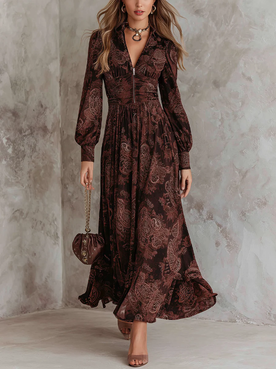 Vélin™ Marlene | Paisley Midi Dress with Zip Neck