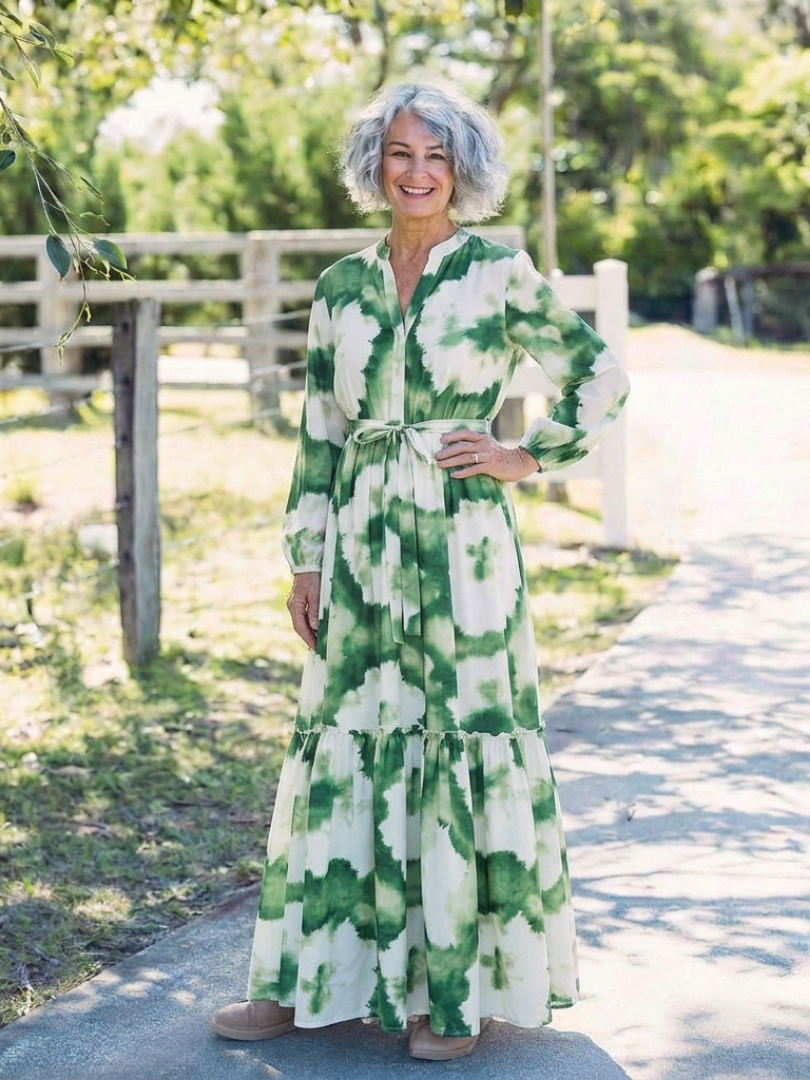 Sabine | Elegant Tiered Maxi Dress with Long Sleeves and Tie Waist
