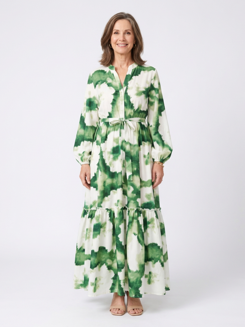 Sabine | Elegant Tiered Maxi Dress with Long Sleeves and Tie Waist