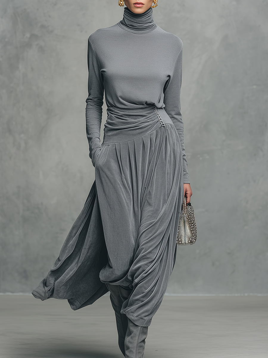 Elegant Stand-up Collar Long-sleeved T-shirt And Velvet Skirt Set