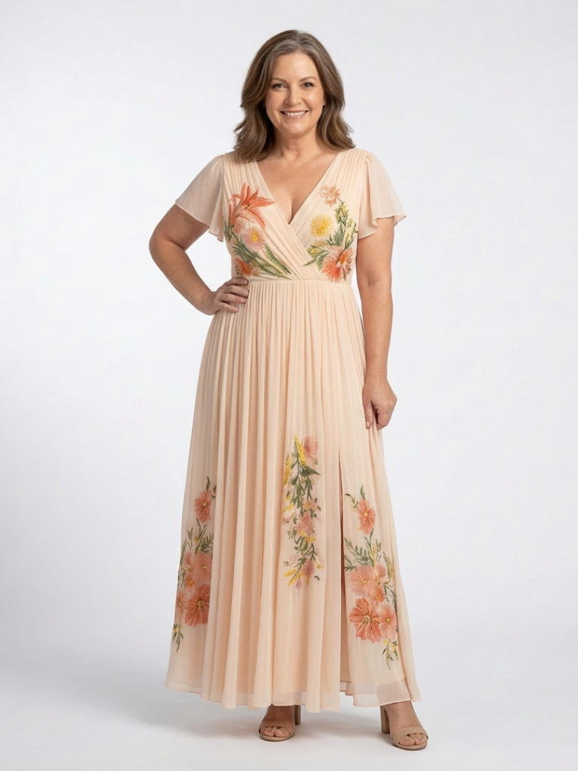 Calista Floral Pleated Maxi Dress with V-Neck