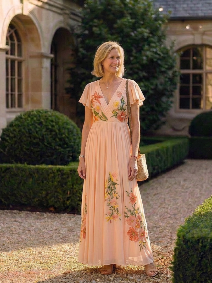 Calista Floral Pleated Maxi Dress with V-Neck