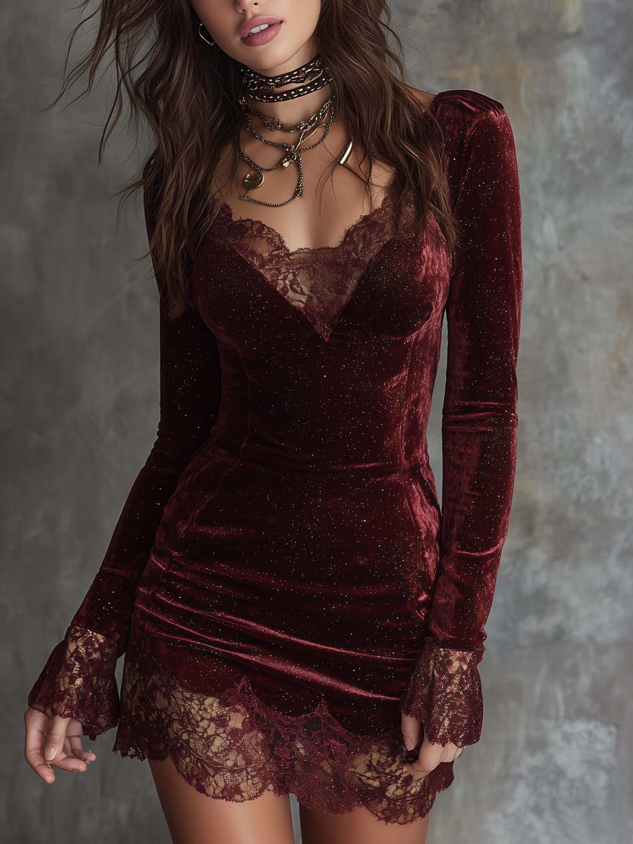 Red shimmering velvet lace-trimmed mini dress