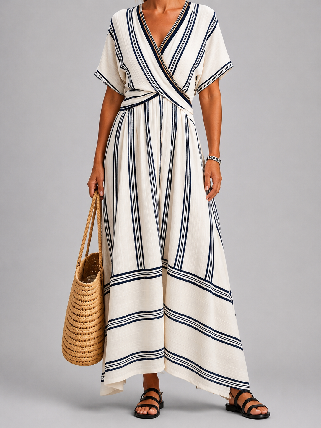 Thalassa | Midi Dress with Short Sleeves, V-Neck, and Wrap Waist