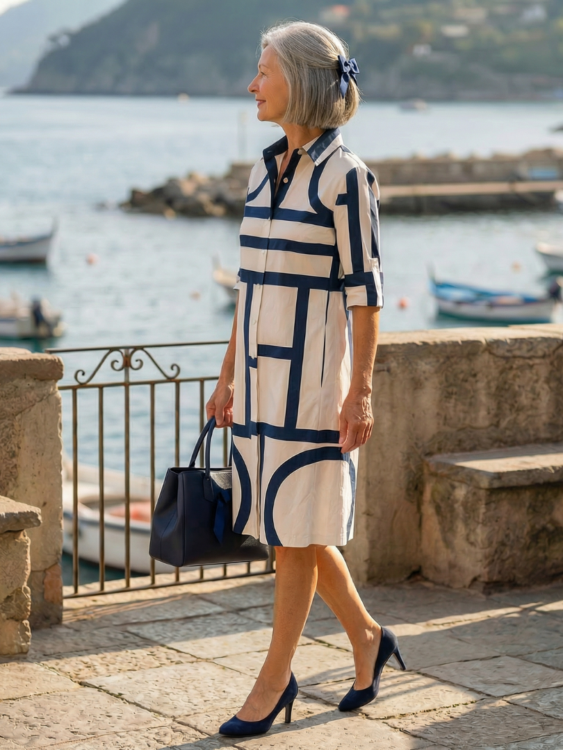 Geraldine | Geometric Midi Dress with Shirt Collar and Three Quarter Sleeves