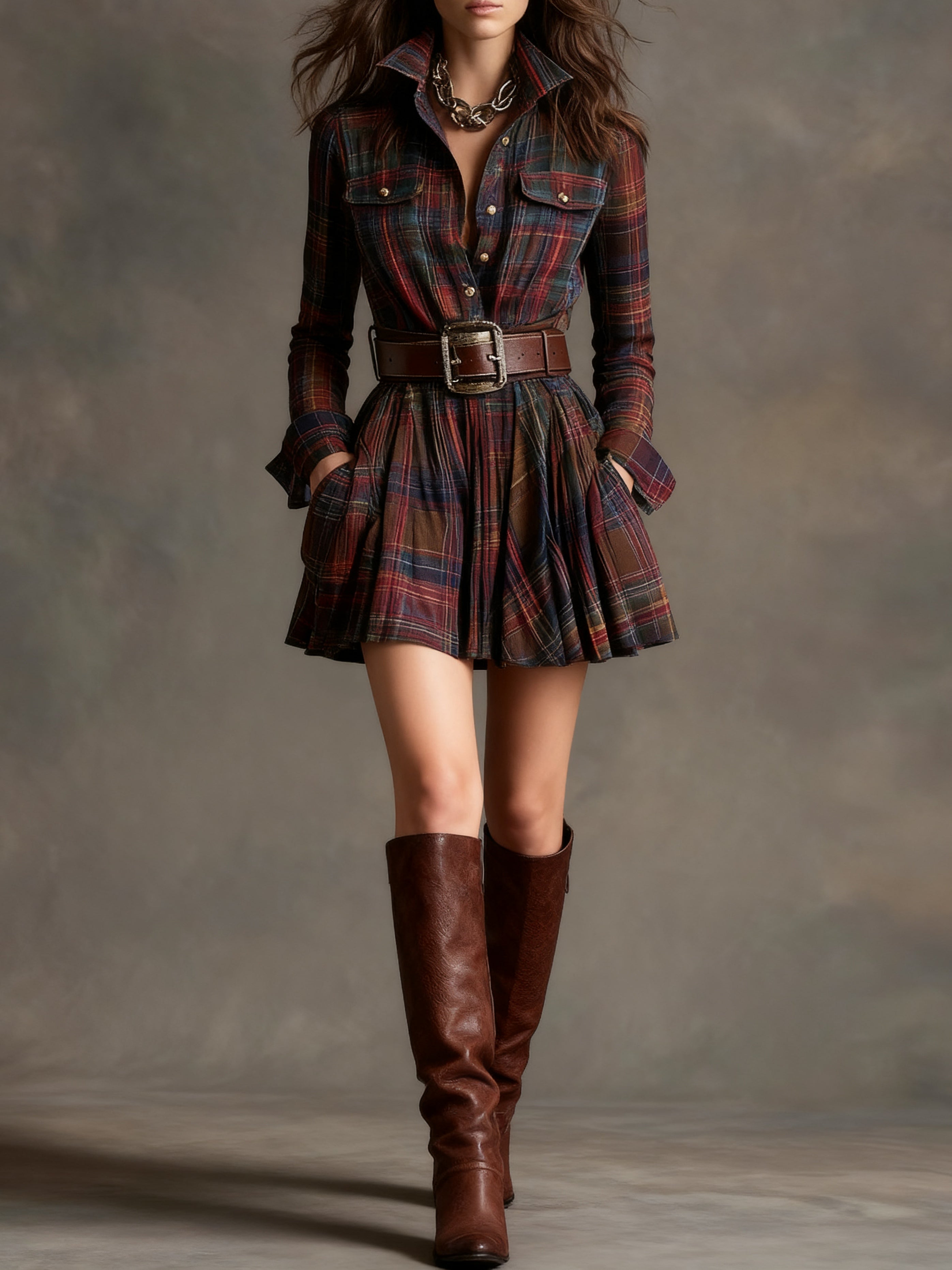 Vintage Lapel Red and Brown Plaid Mini Dress (Includes belt)
