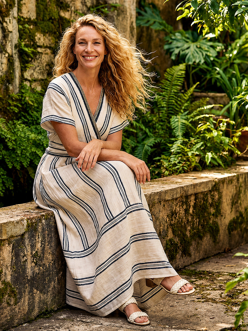 Thalassa | V Neck Short Sleeve Wrap Waist Midi Dress