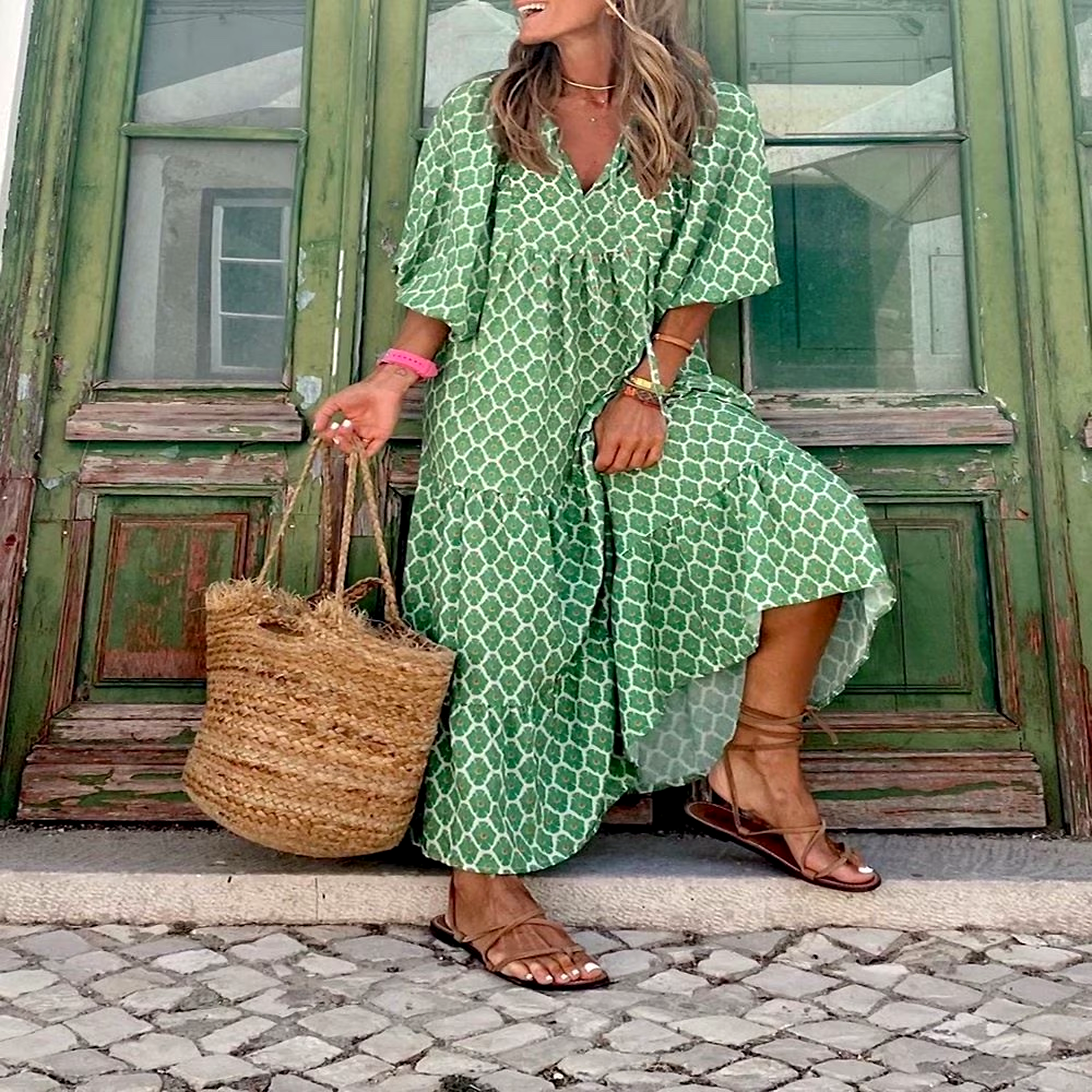 Apolline | Three Quarter Sleeve V Neck Patterned Midi Dress