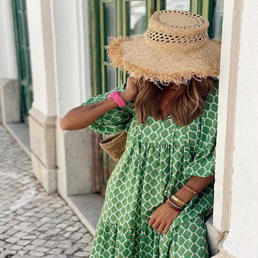 Apolline | Three Quarter Sleeve V Neck Patterned Midi Dress