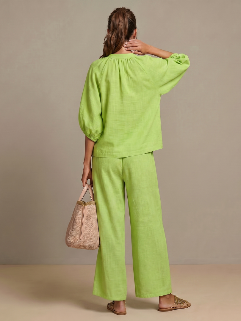 Natalia | Elegant Zip-Front Blouson Top and Wide-Leg Trousers Set