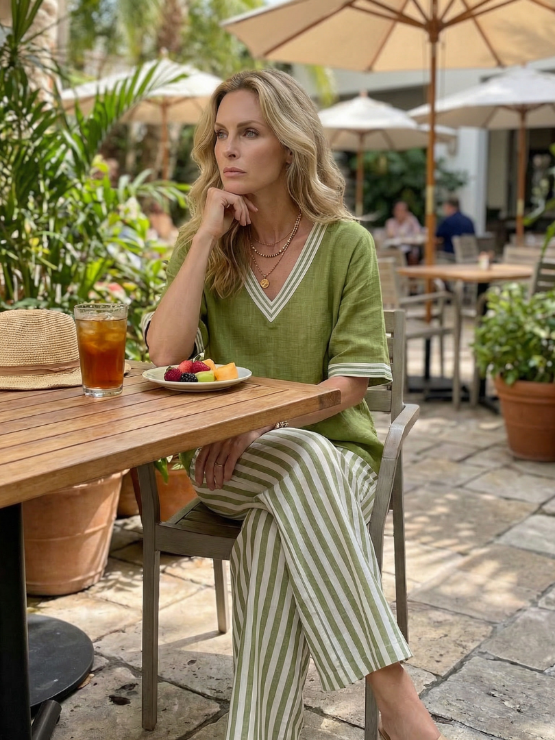 Wren | Elegant V-Neck Tunic with Striped Trouser Ensemble