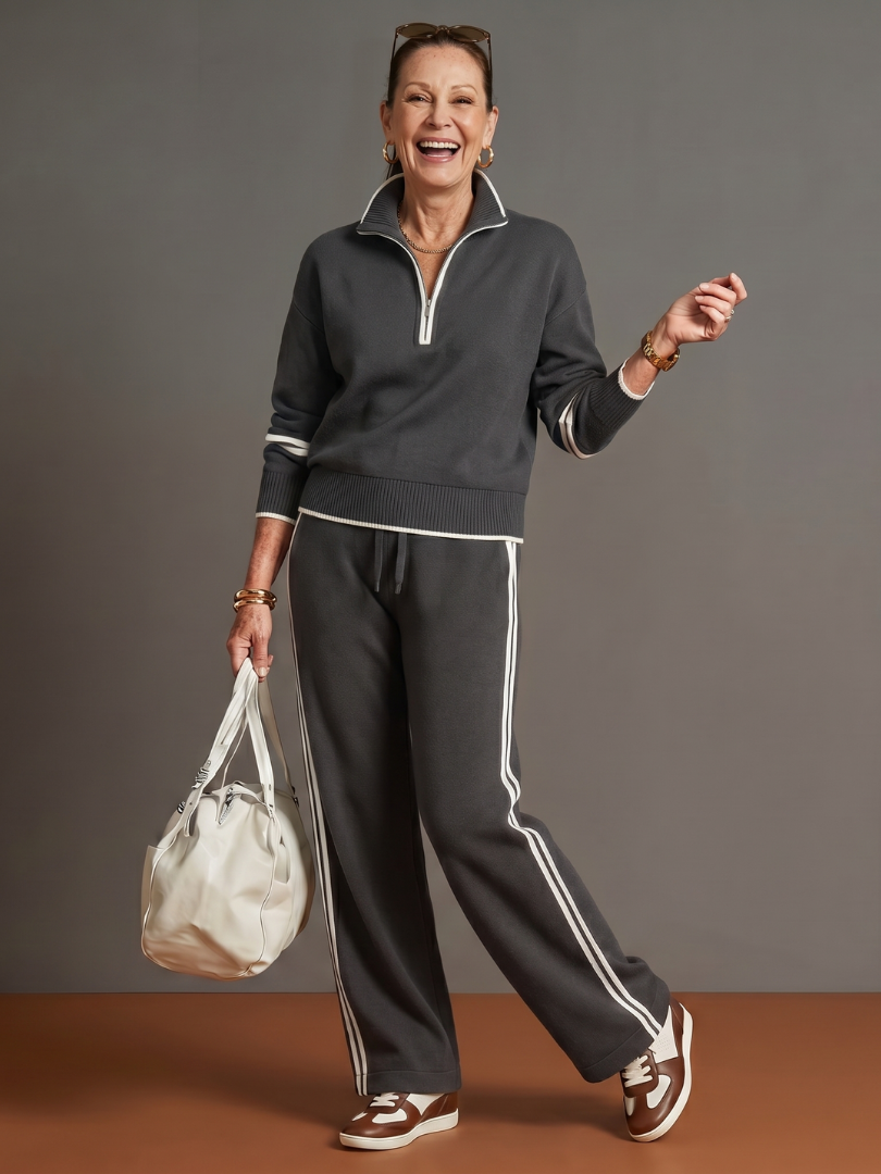Rain | Luxe Long Sleeve Zip Neck Set with Side Stripe Trousers