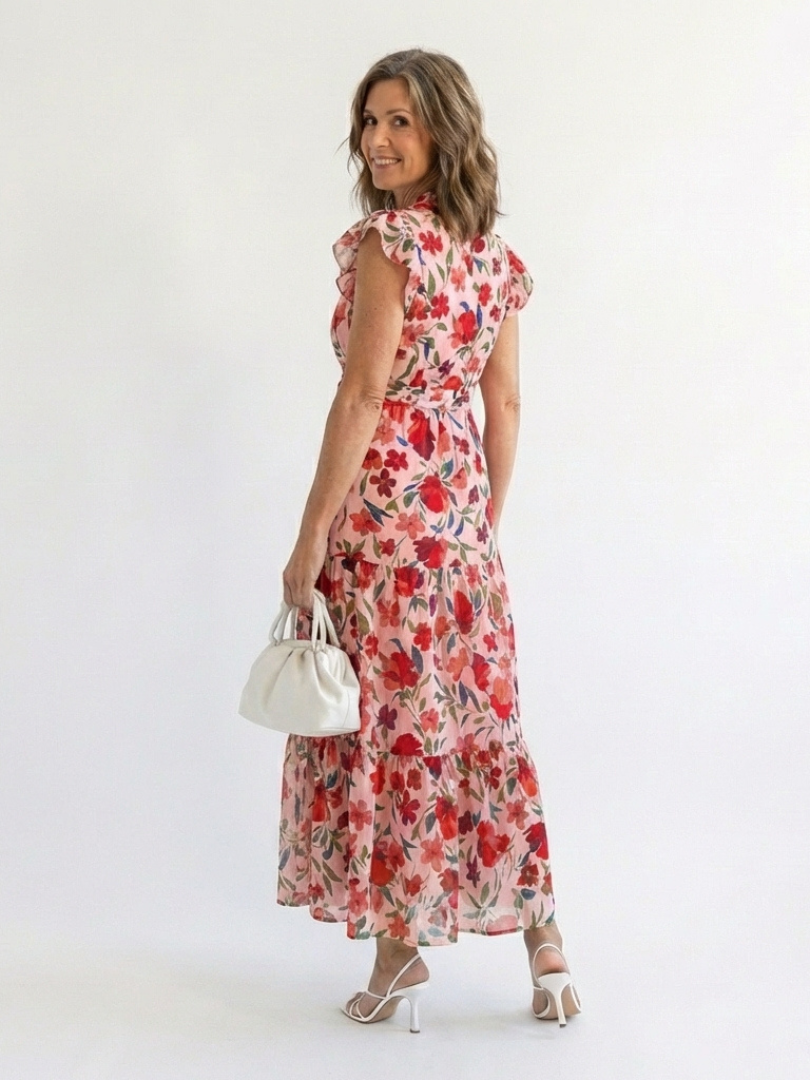 Lila | Floral V-Neck Tiered Midi Dress" 

Reimagined Title:  
"Lila | Exquisite Floral V-Neck Midi Dress