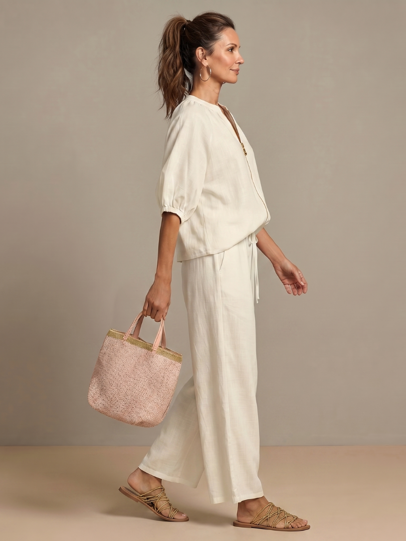 Natalia | Elegant Zip-Front Blouson Top and Wide-Leg Trousers Set