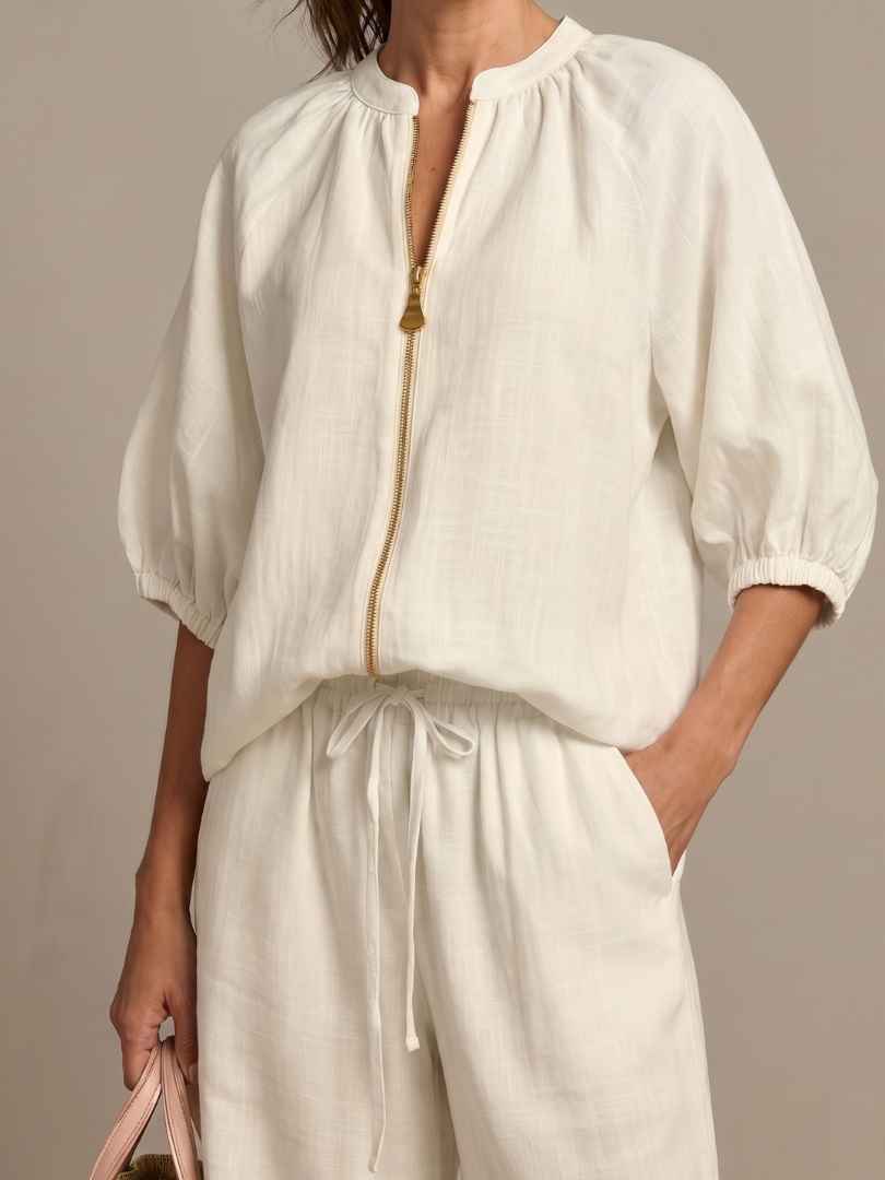 Natalia | Elegant Zip-Front Blouson Top and Wide-Leg Trousers Set