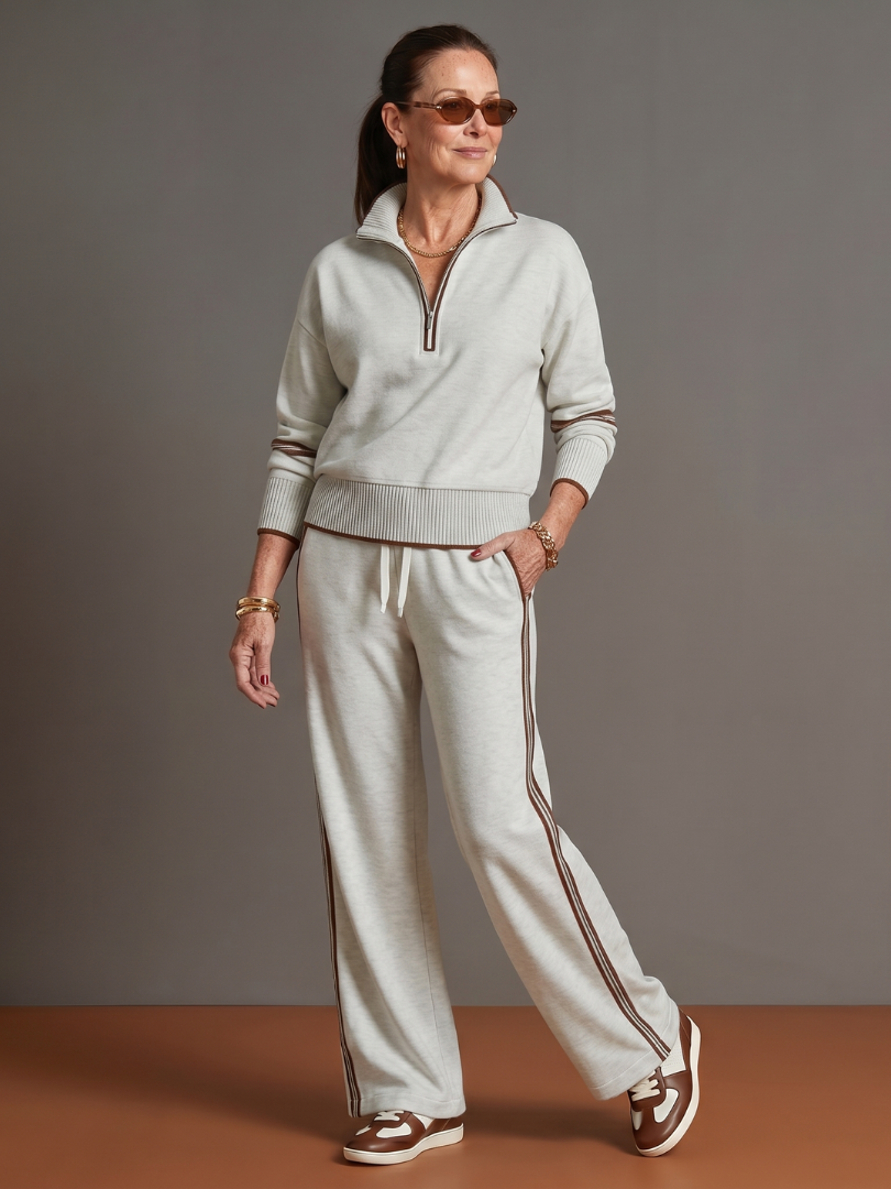 Rain | Luxe Long Sleeve Zip Neck Set with Side Stripe Trousers