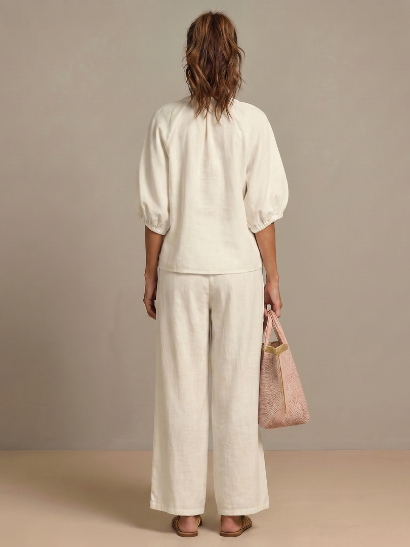 Natalia | Elegant Zip-Front Blouson Top and Wide-Leg Trousers Set
