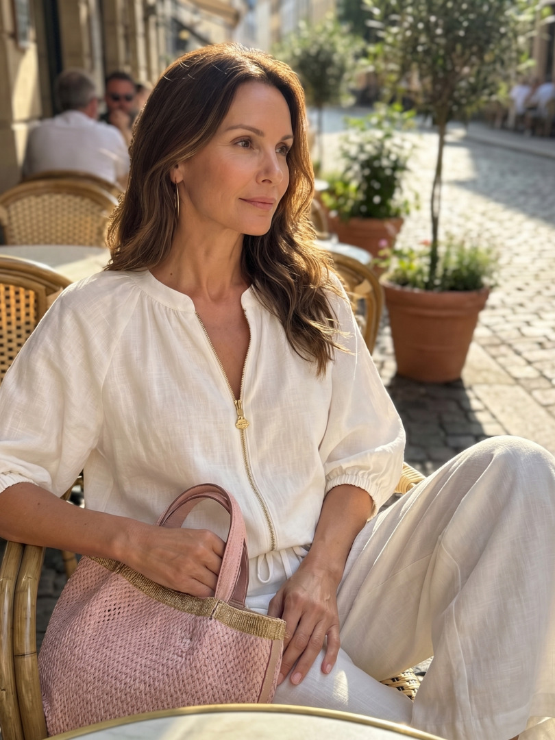 Natalia | Elegant Zip-Front Blouson Top and Wide-Leg Trousers Set