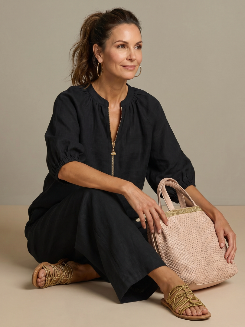 Natalia | Elegant Zip-Front Blouson Top and Wide-Leg Trousers Set
