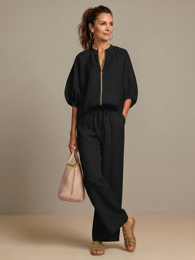 Natalia | Elegant Zip-Front Blouson Top and Wide-Leg Trousers Set