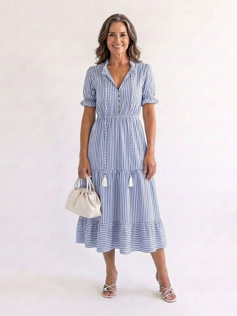 Dakota | Striped Tiered Midi Dress with Short Sleeves