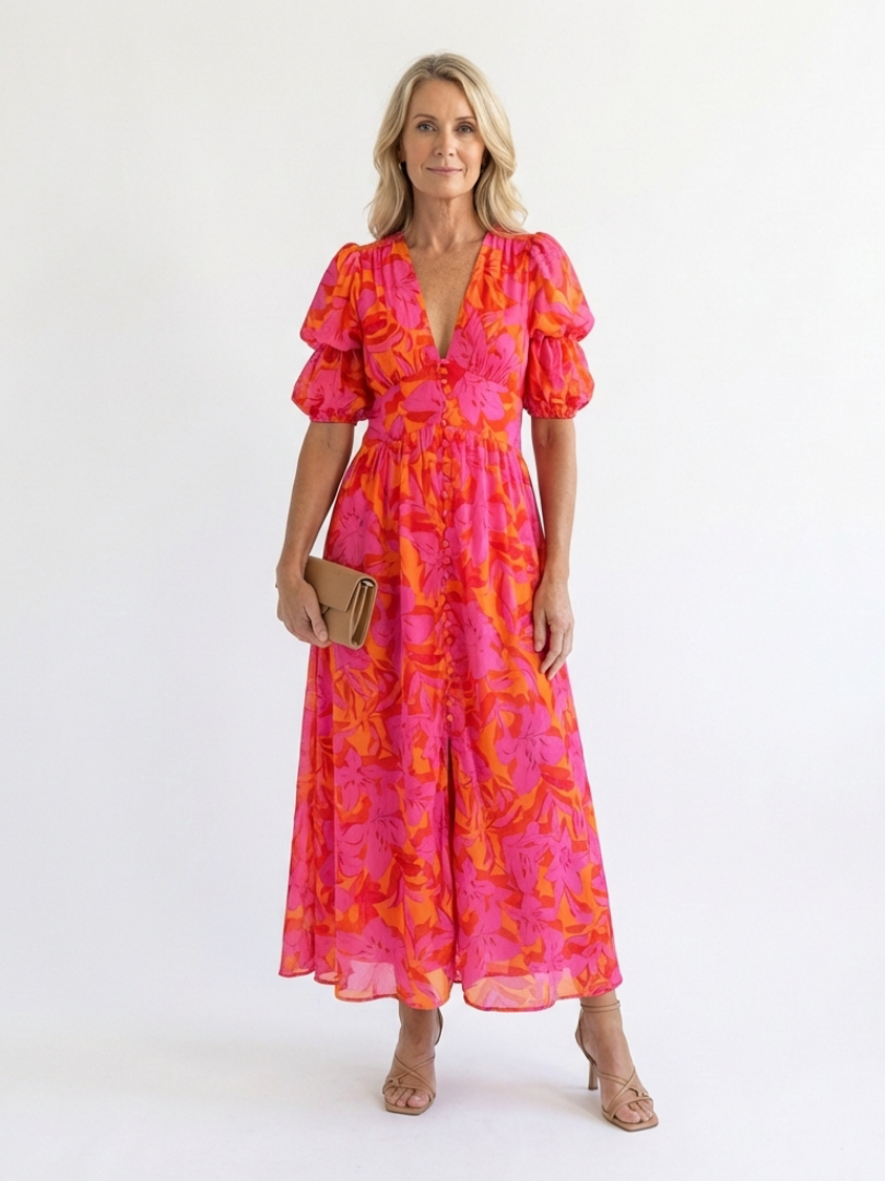 Willow Floral V-Neck Midi Dress with Puff Sleeves