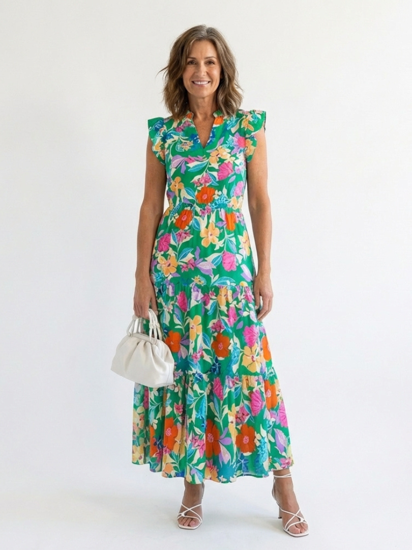 Lila | Floral V-Neck Tiered Midi Dress" 

Reimagined Title:  
"Lila | Exquisite Floral V-Neck Midi Dress