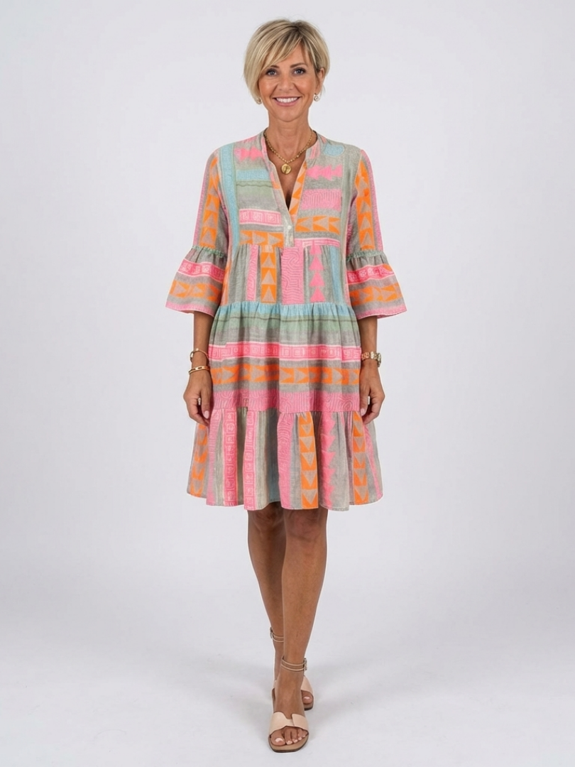 Maelle | Geometric Print V-Neck Tiered Dress