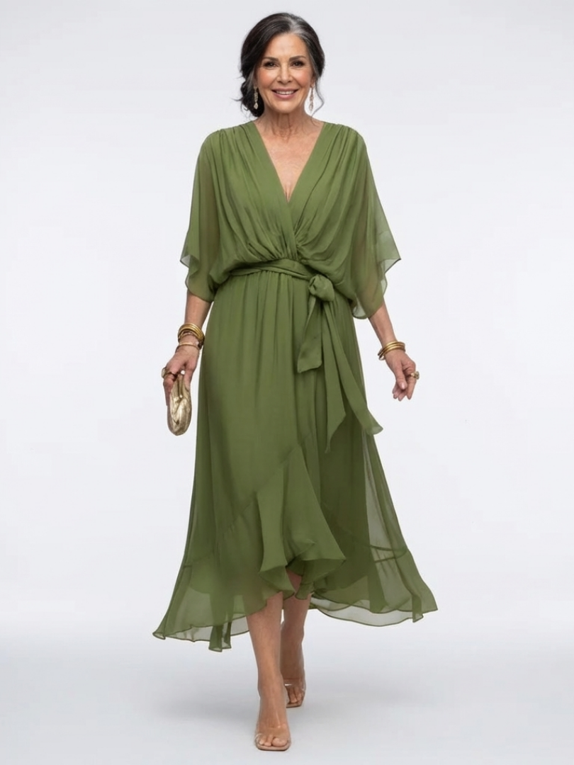 Elysia | V-Neck Draped Midi Dress with Waist Tie