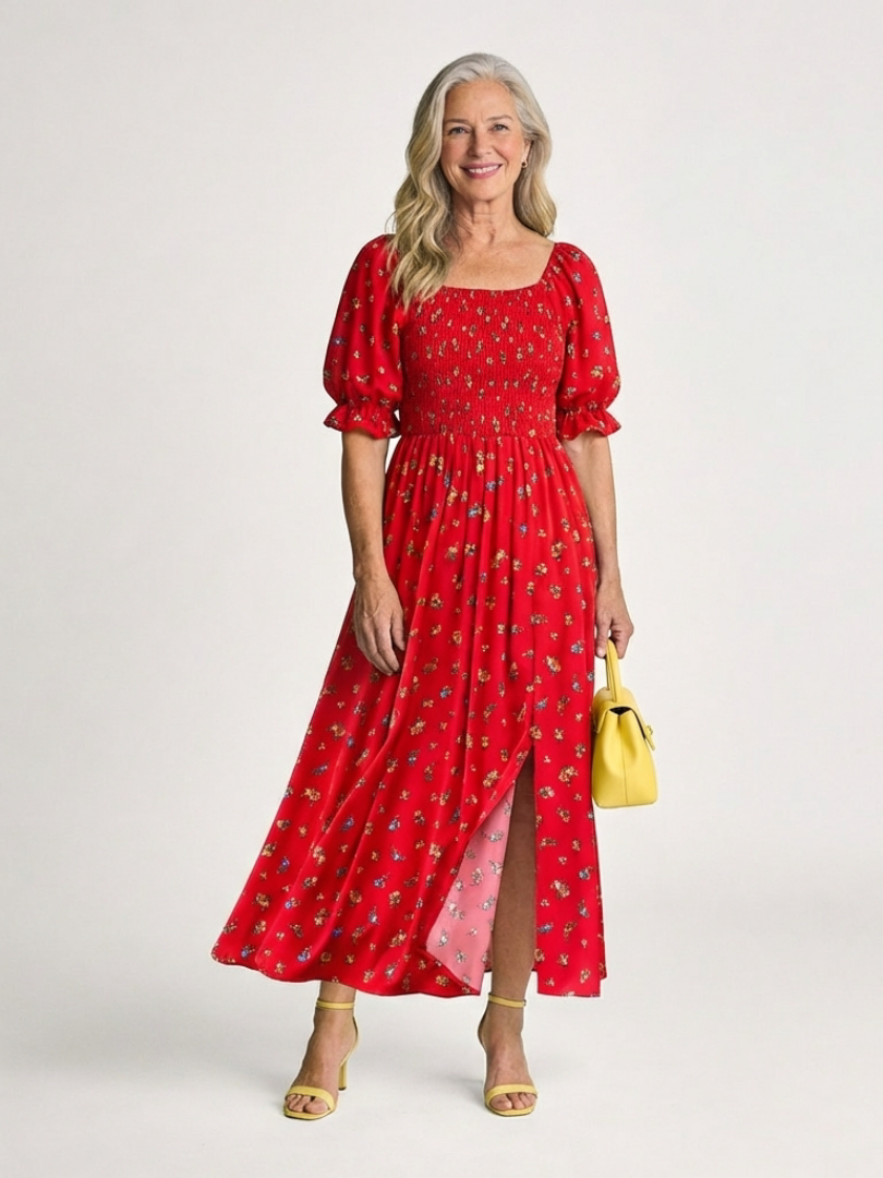 Delphine | Floral Puff Sleeve Midi Dress with Square Neck