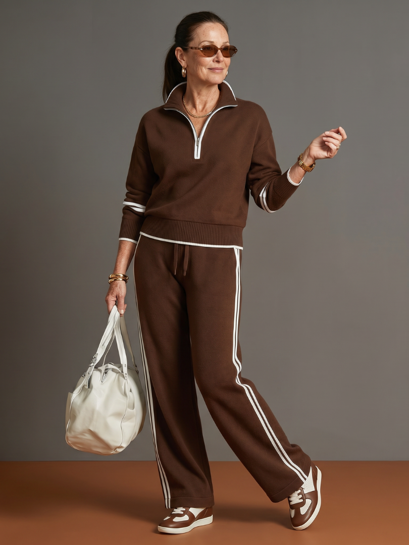 Rain | Luxe Long Sleeve Zip Neck Set with Side Stripe Trousers