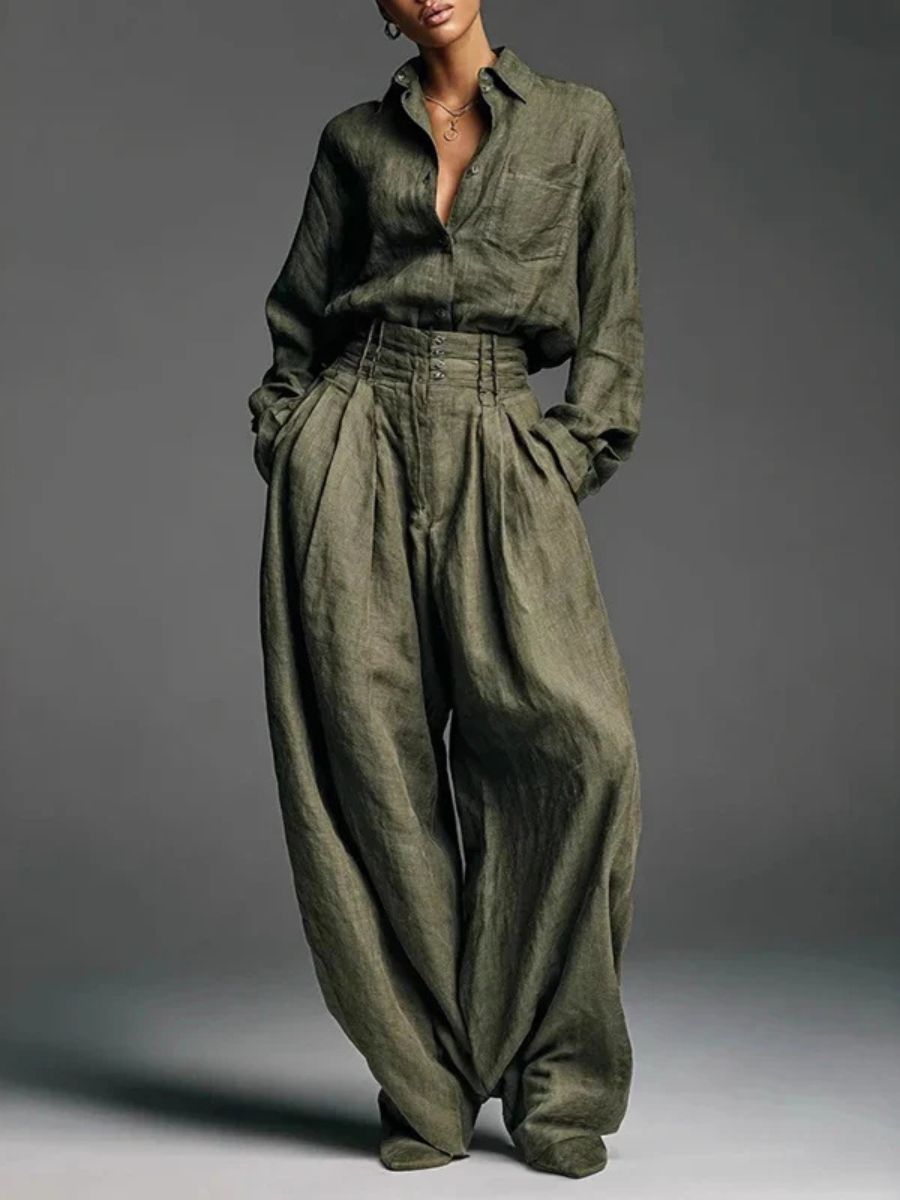 Linen Blend Lapel Long-sleeved Shirt and High-waist Pocket Loose Wide-leg Pants Set