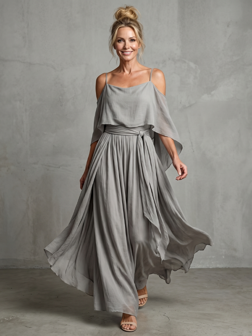 Marisol | Elegant Cold Shoulder Layered Drape Top & Wide Leg Ensemble