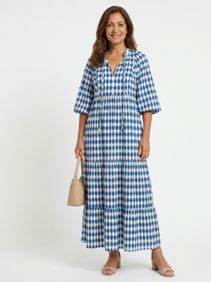 Elodie Diamond Print Tiered Midi Dress