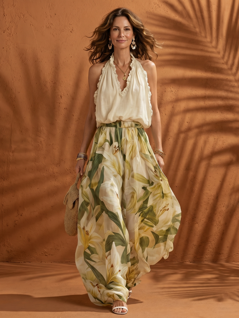 Solange | Floral Halter Neck Blouse and Wide Leg Ensemble